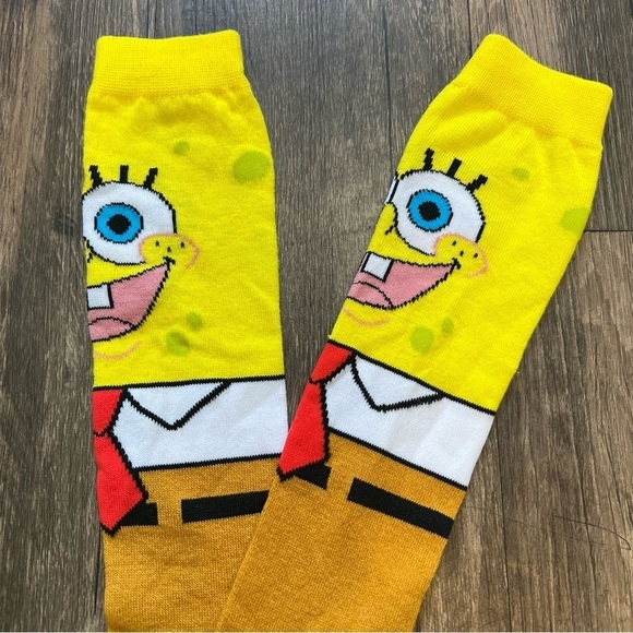 Sponge Bob Print Yellow Brown Long Socks Unisex One Size - Picture 4 of 9